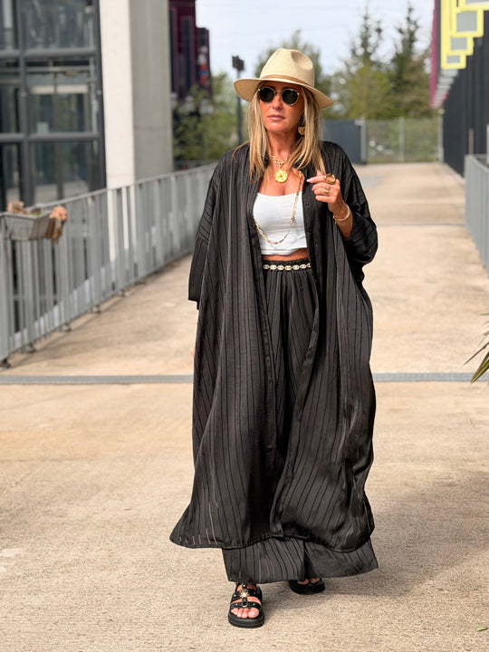 Ensemble satin kimono + pantalon Noir DEAN
