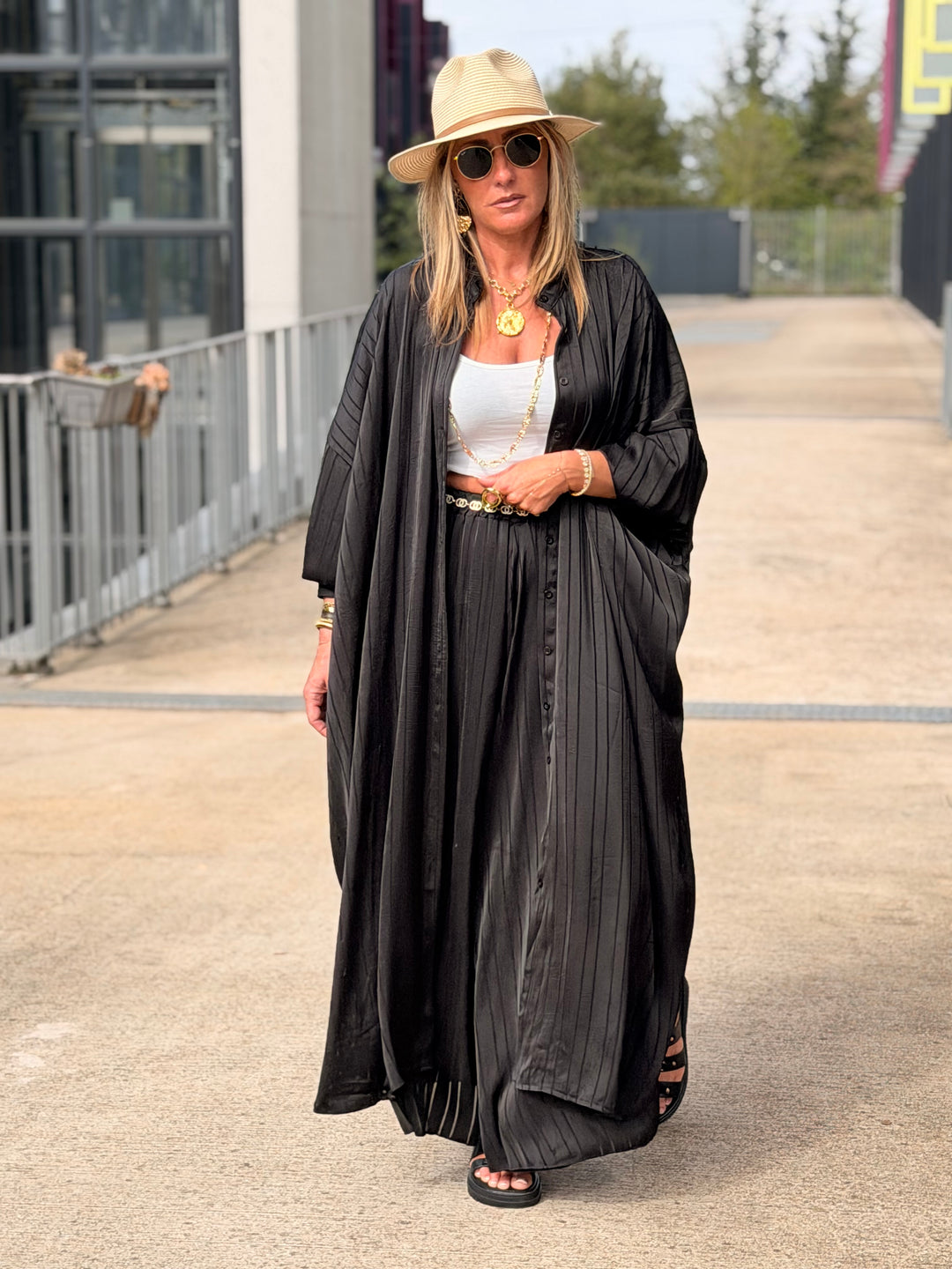 Ensemble satin kimono + pantalon Noir DEAN