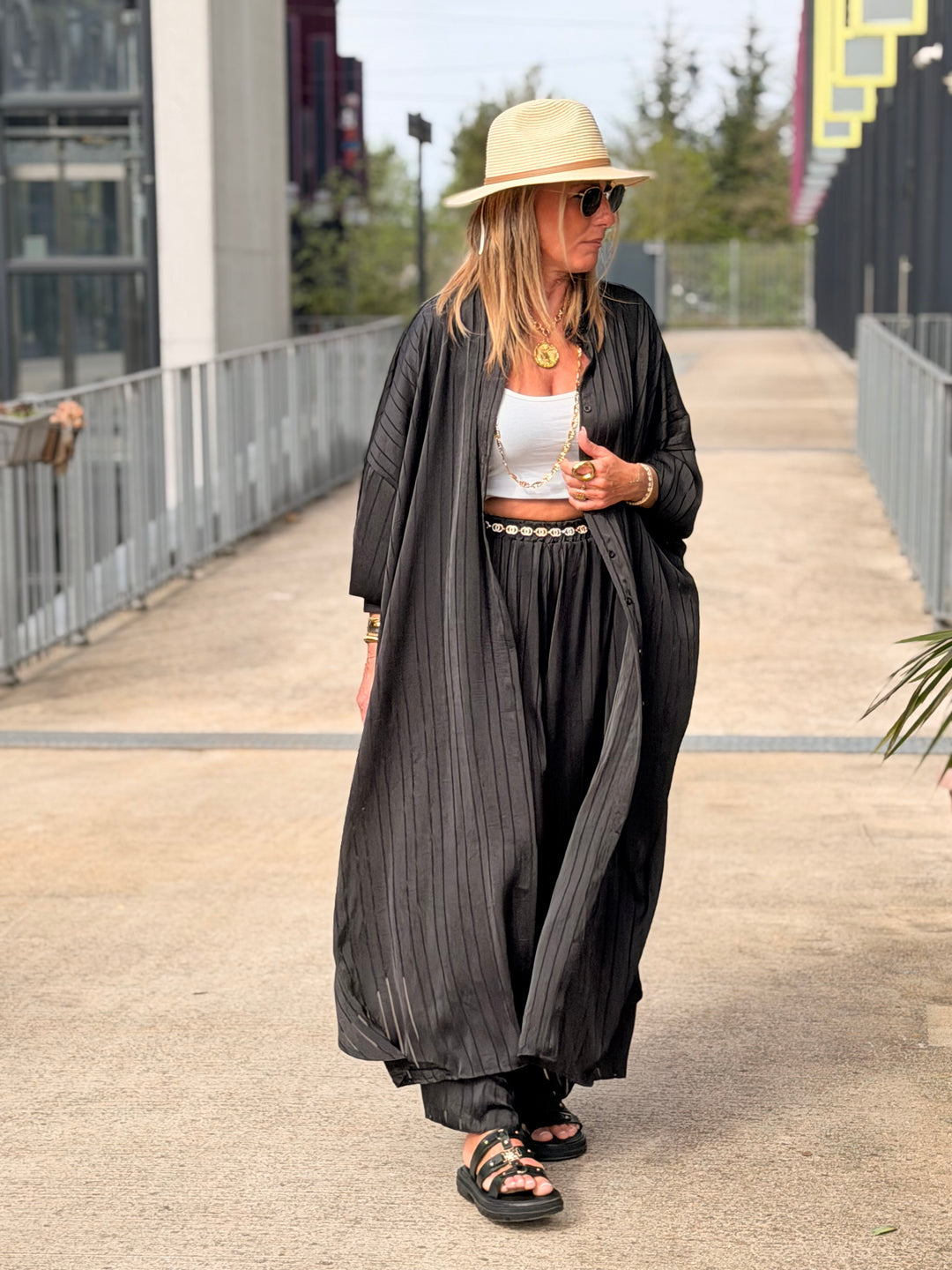 Ensemble satin kimono + pantalon Noir DEAN
