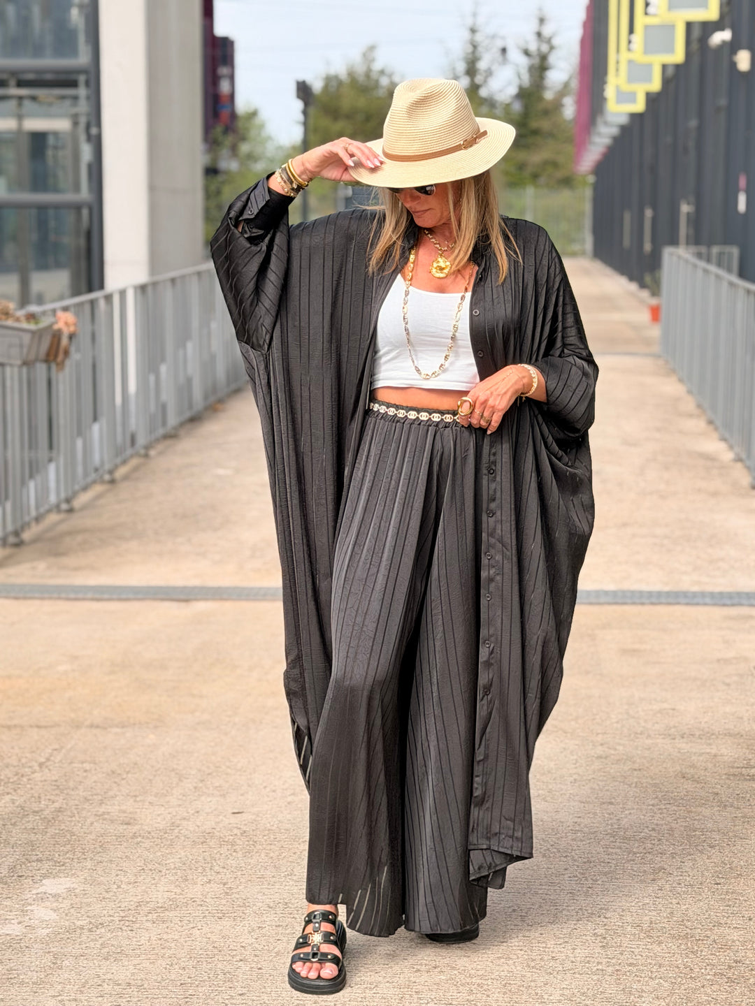 Ensemble satin kimono + pantalon Noir DEAN