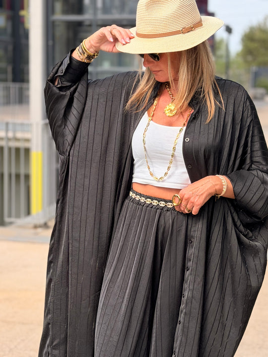 Ensemble satin kimono + pantalon Noir DEAN