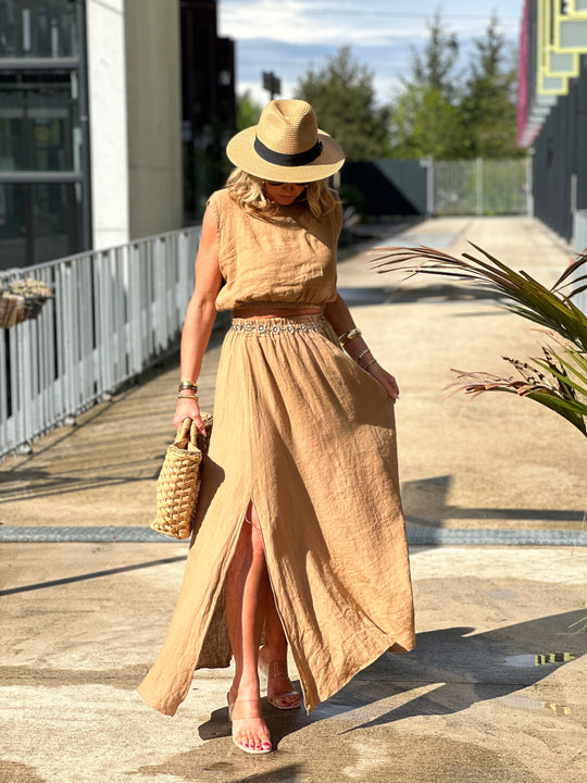 Ensemble top jupe lin camel 31325