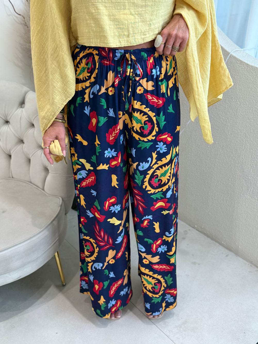 Pantalon fond BLEU fleurs 22489