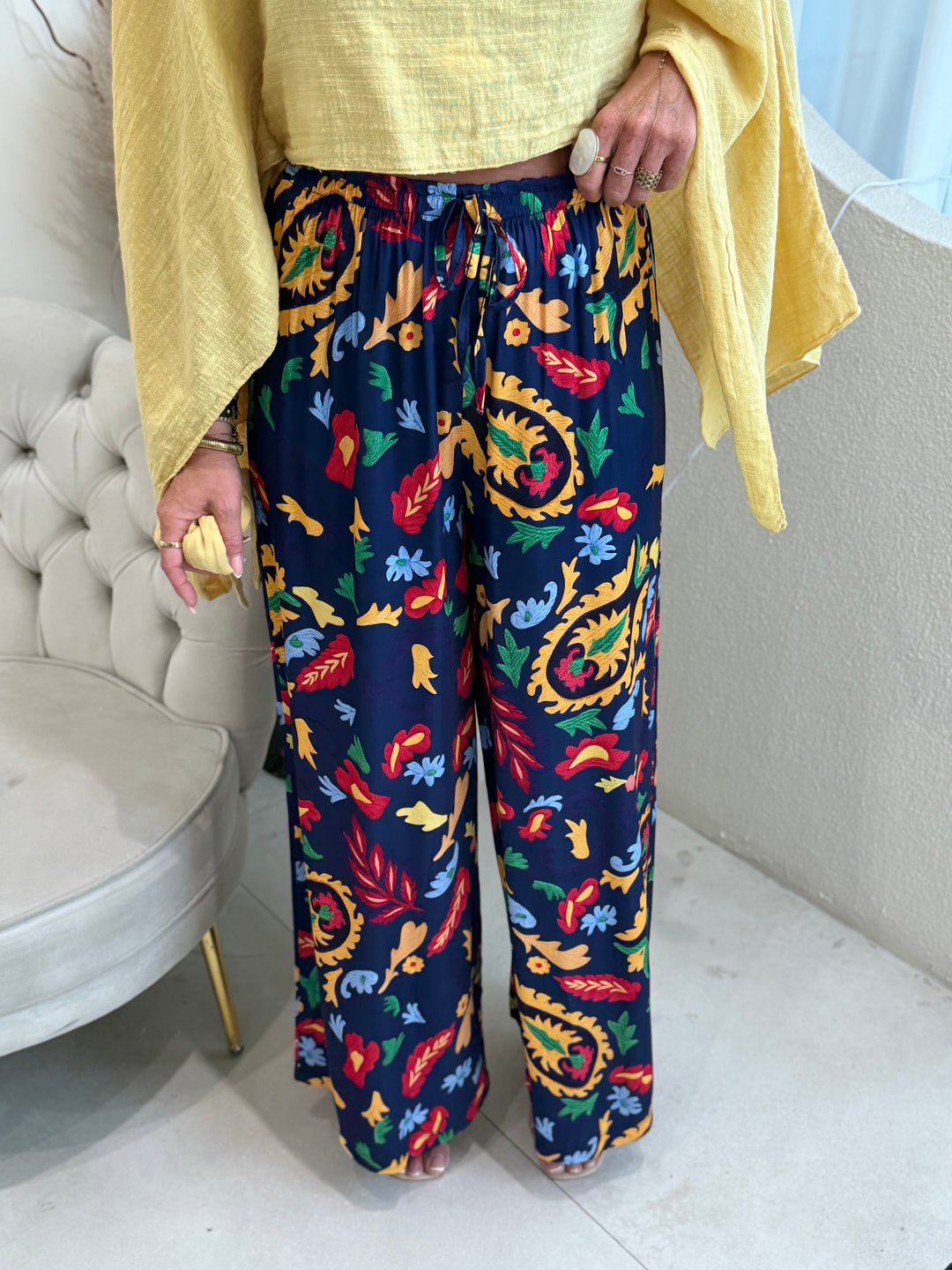 Pantalon fond BLEU fleurs 22489