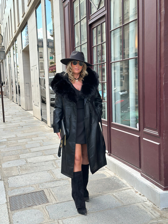 Trench long col fourrure noir 2184