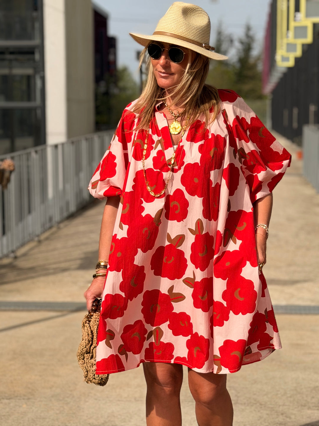 robe volant fleuri rouge 84505