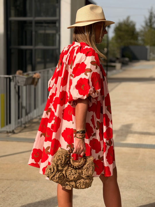 robe volant fleuri rouge 84505