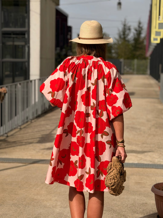 robe volant fleuri rouge 84505