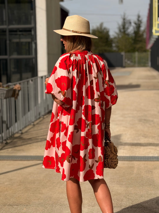 robe volant fleuri rouge 84505