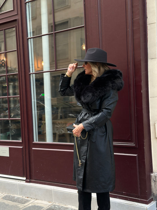 Trench long col fourrure noir 2184