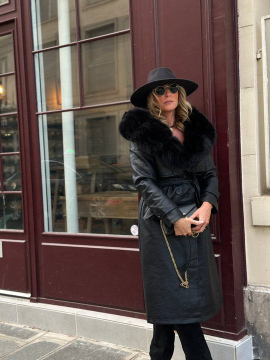 Trench long col fourrure noir 2184