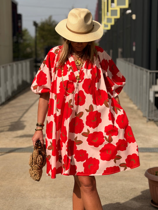 robe volant fleuri rouge 84505
