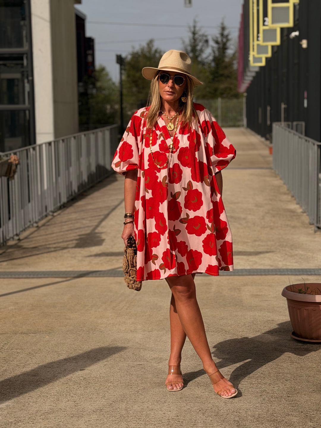 robe volant fleuri rouge 84505