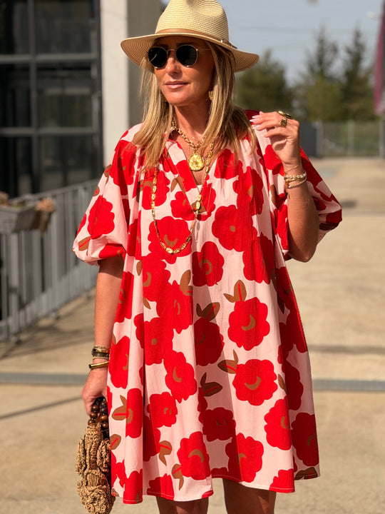 robe volant fleuri rouge 84505