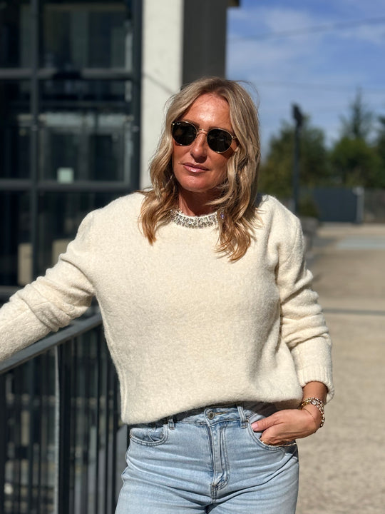 Pull col strass Ecru 2628