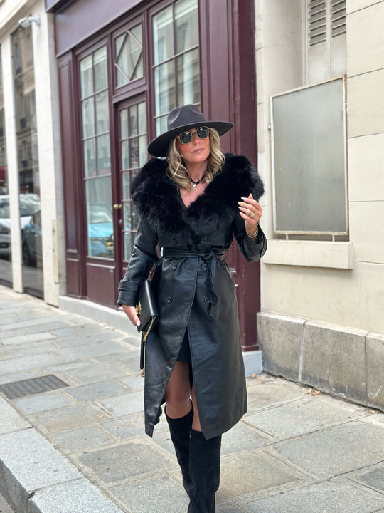 Trench long col fourrure noir 2184