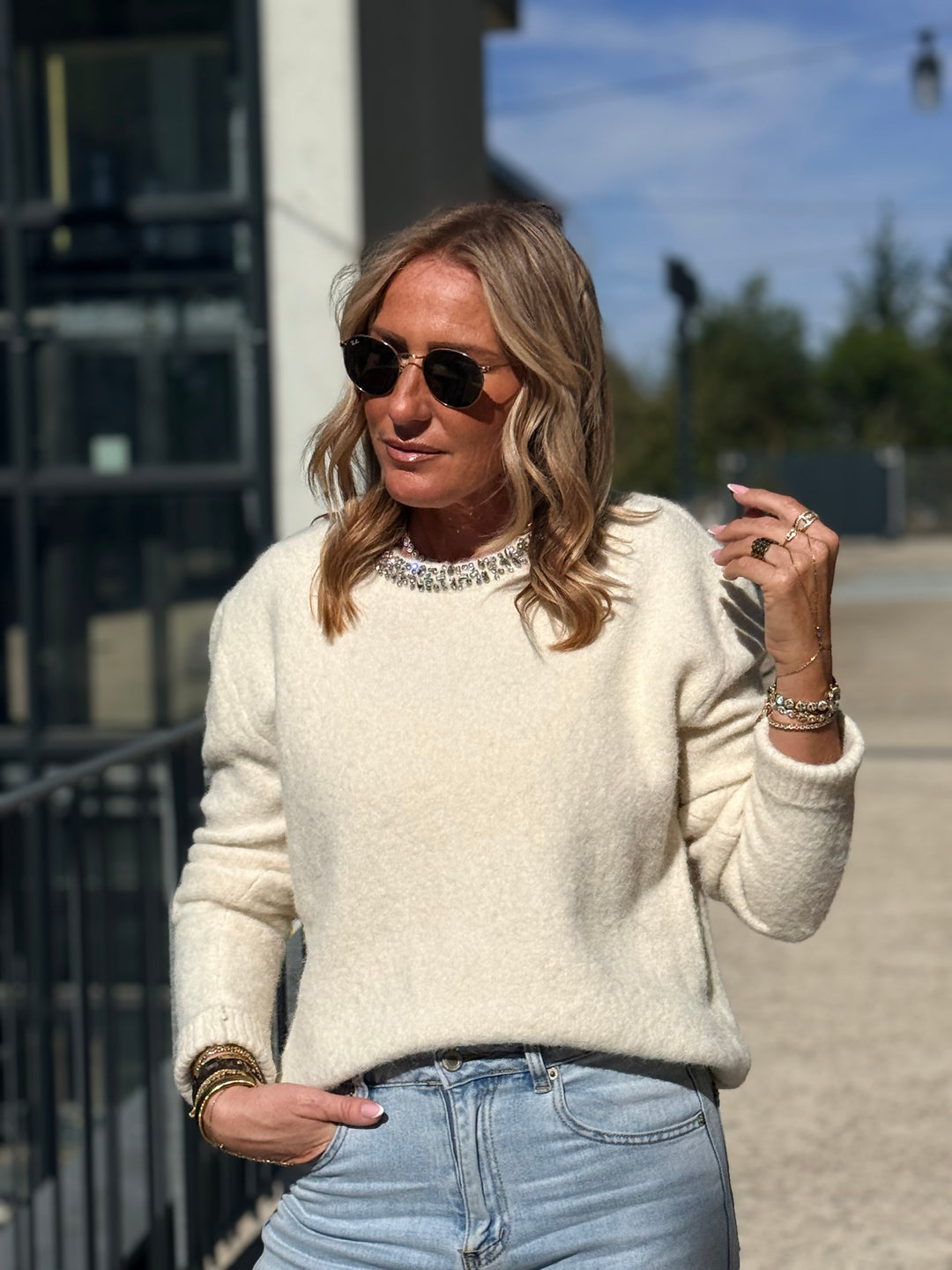 Pull col strass Ecru 2628
