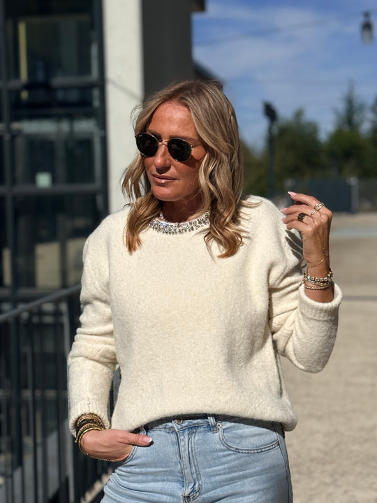 Pull col strass Ecru 2628