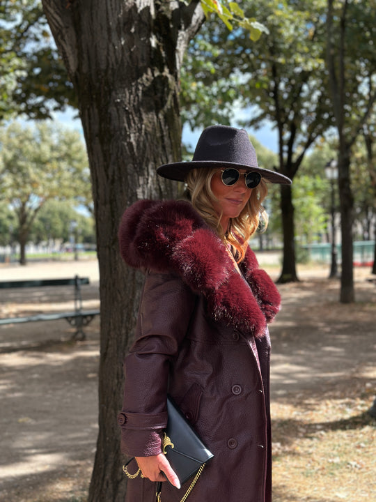 Trench long col fourrure bordeaux 2184