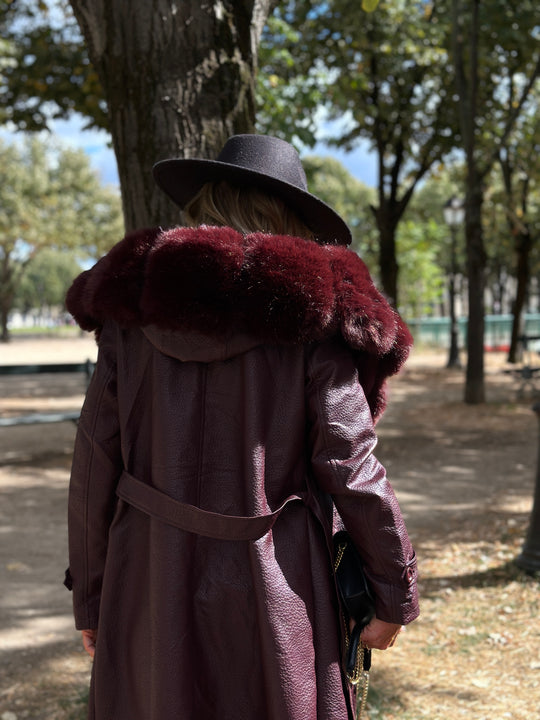 Trench long col fourrure bordeaux 2184