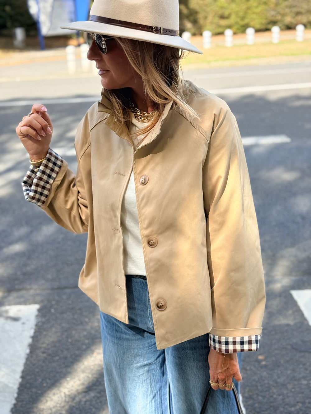 Veste Beige manche rever carreaux M7575