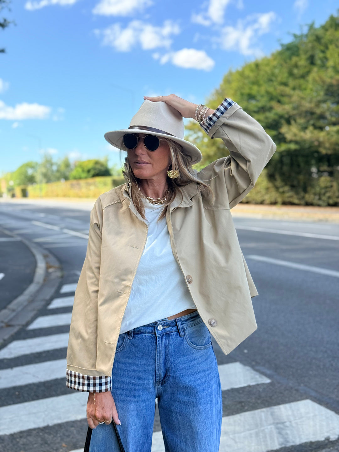 Veste Beige manche rever carreaux M7575