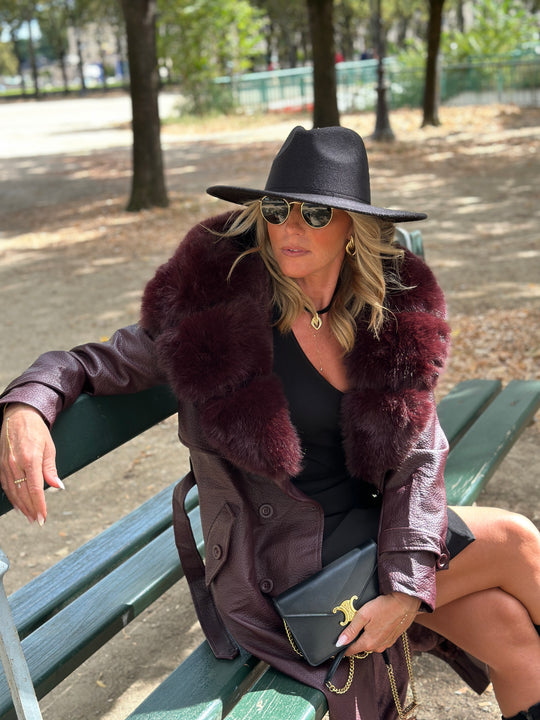 Trench long col fourrure bordeaux 2184