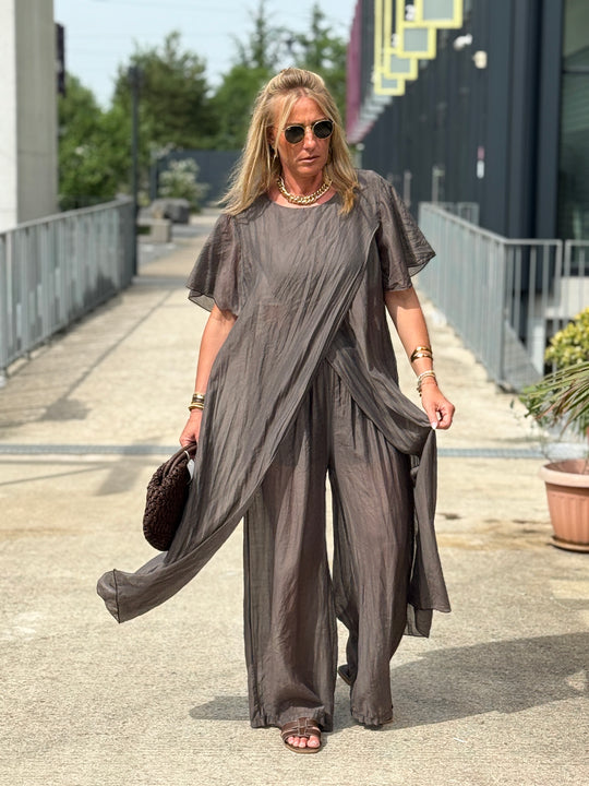 Ensemble tunique croisée + pantalon Choco
