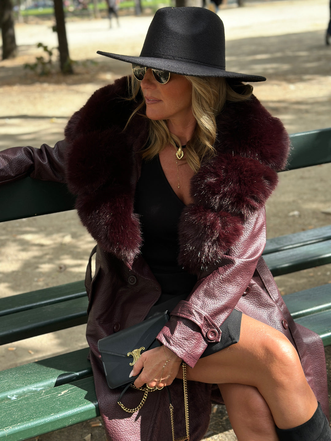 Trench long col fourrure bordeaux 2184