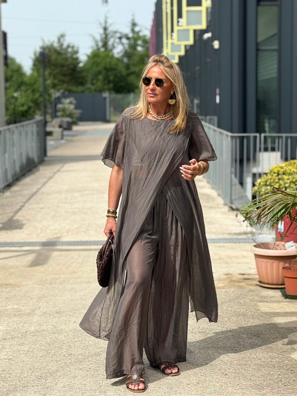 Ensemble tunique croisée + pantalon Choco