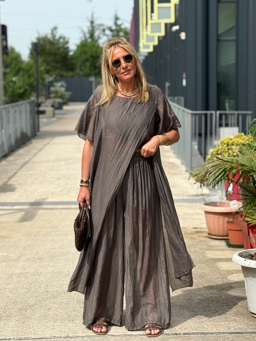 Ensemble tunique croisée + pantalon Choco