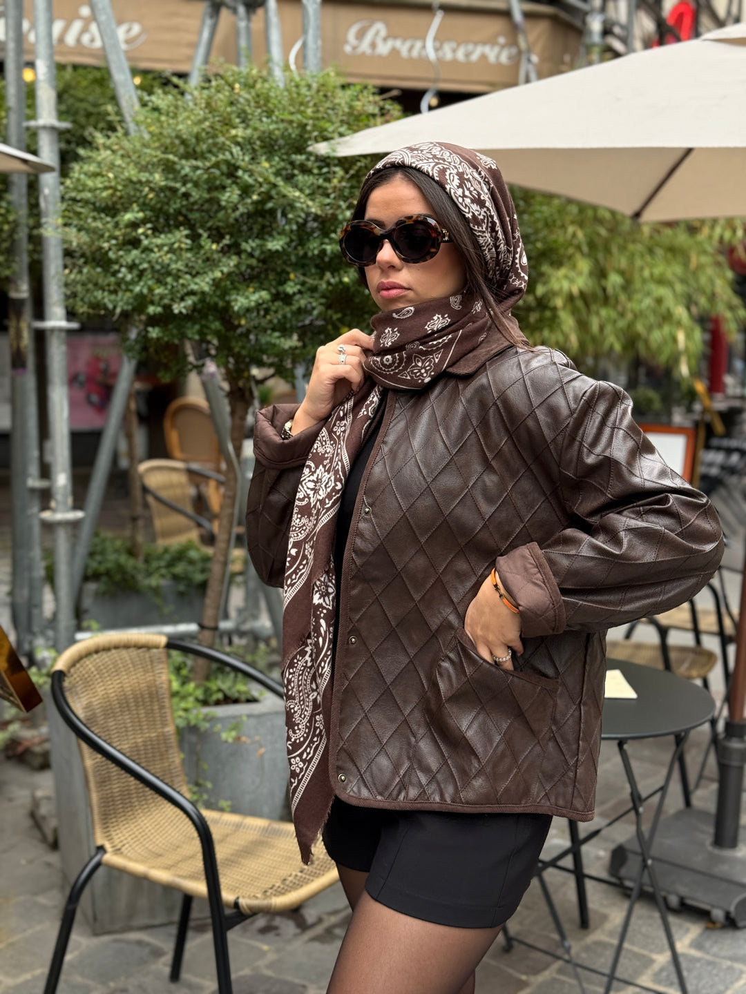 Veste carreaux similicuir Choco col effet daim 30517