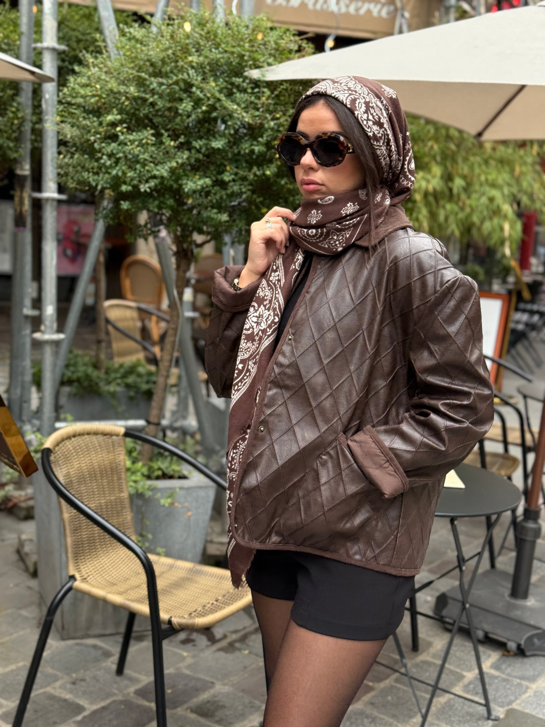Veste carreaux similicuir Choco col effet daim 30517