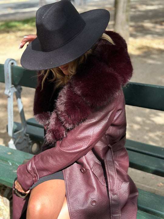 Trench long col fourrure bordeaux 2184