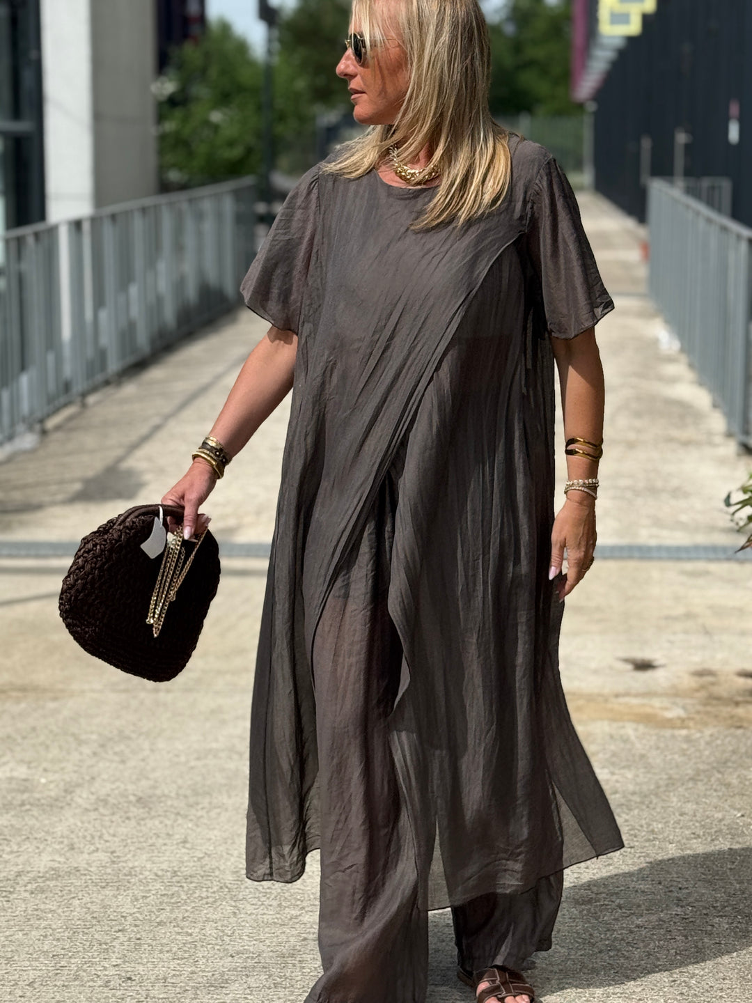 Ensemble tunique croisée + pantalon Choco