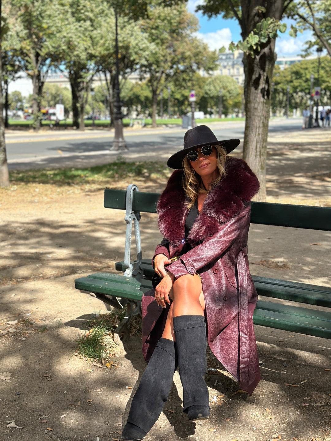 Trench long col fourrure bordeaux 2184