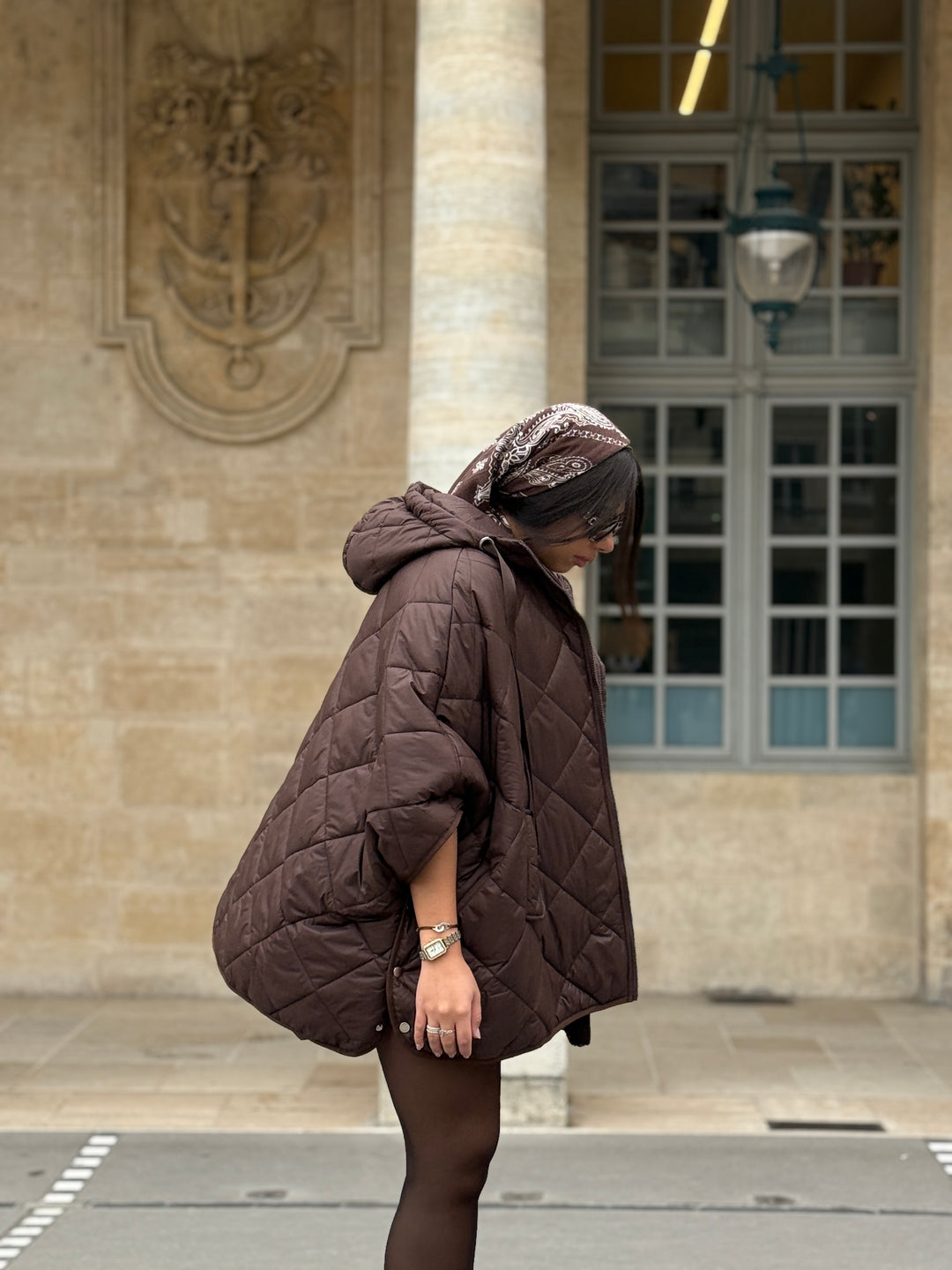 Cape doudoune choco matelassé à capuche 1155