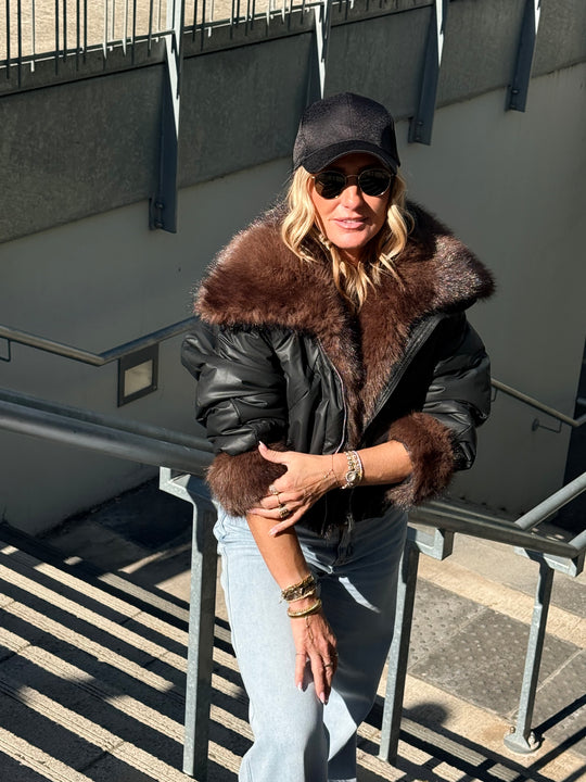 Veste doudoune Noir fourrure choco HA62005