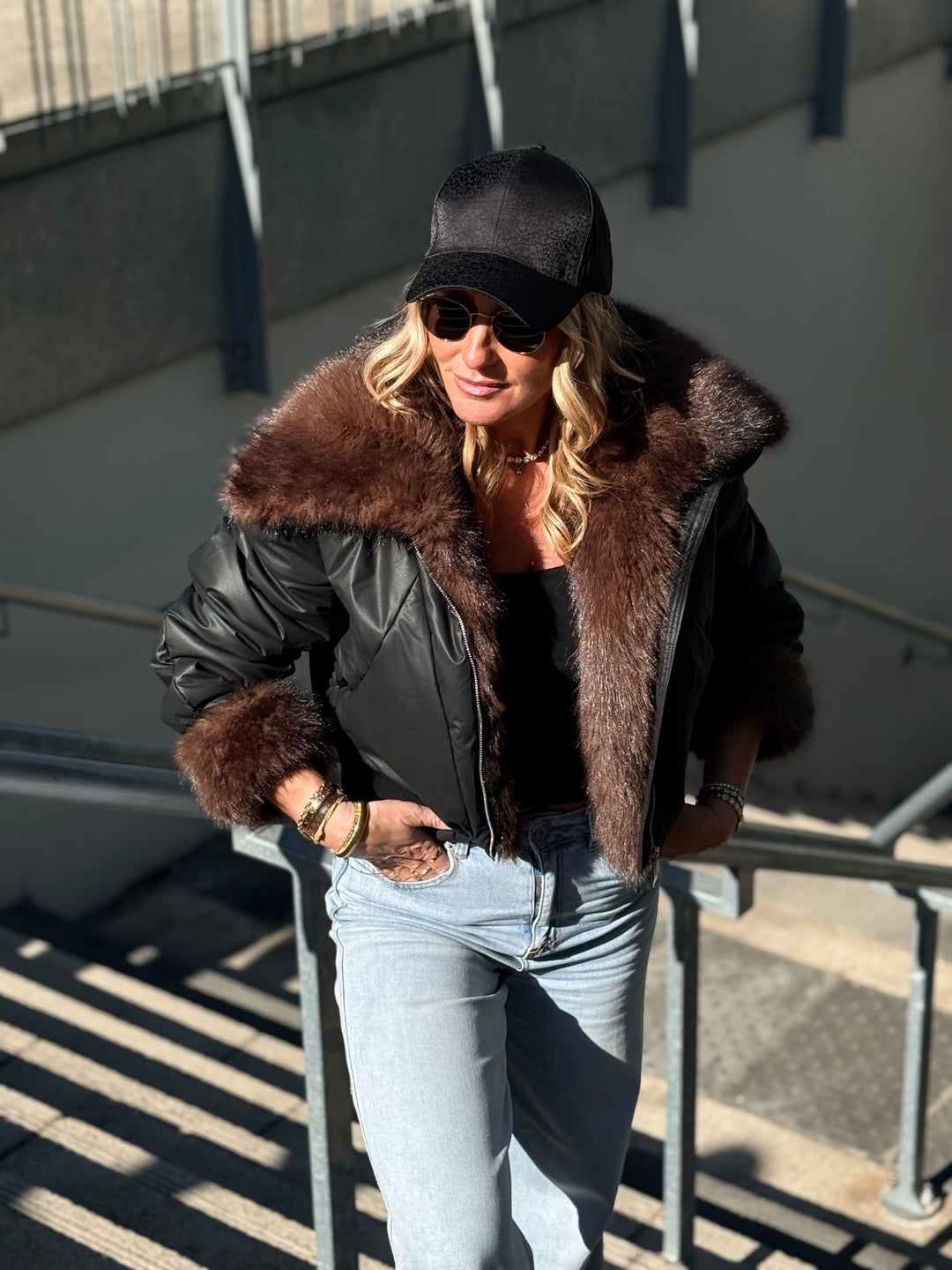 Veste doudoune Noir fourrure choco HA62005