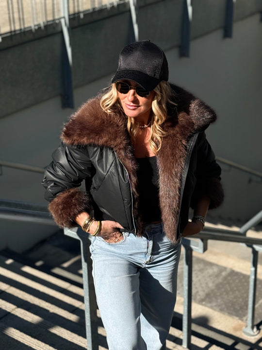 Veste doudoune Noir fourrure choco HA62005
