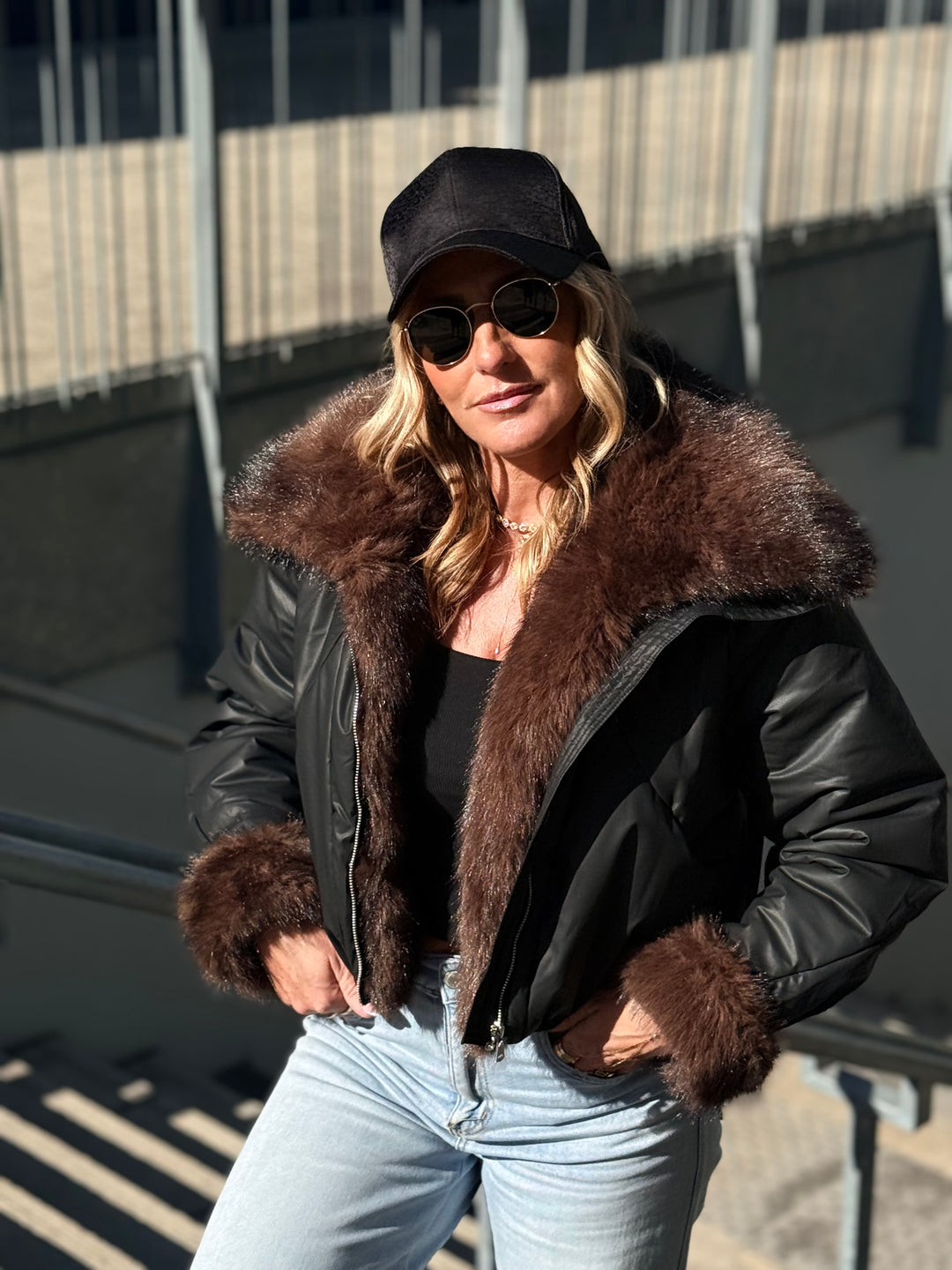 Veste doudoune Noir fourrure choco HA62005