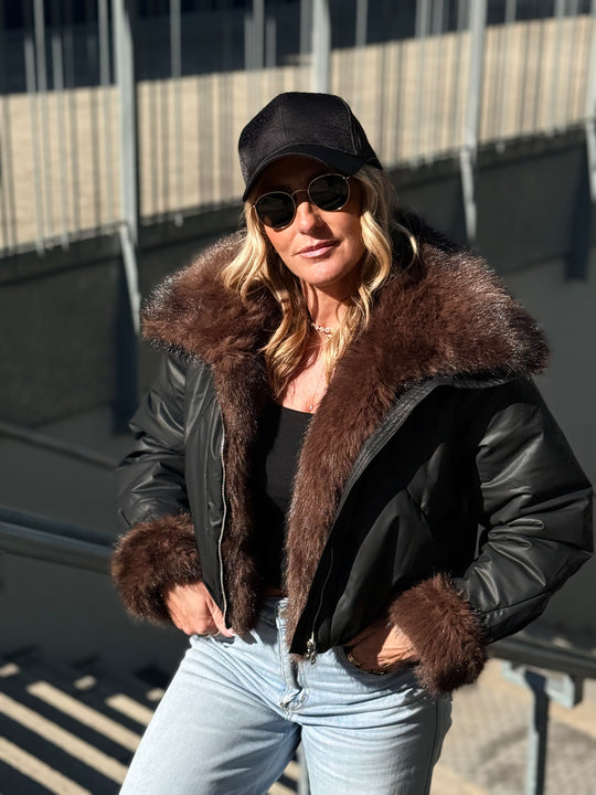 Veste doudoune Noir fourrure choco HA62005