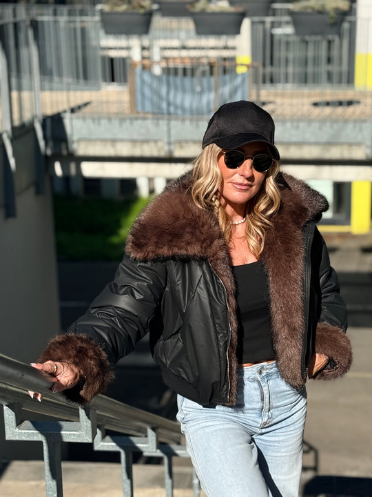 Veste doudoune Noir fourrure choco HA62005