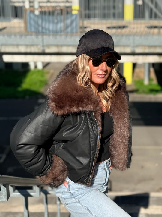 Veste doudoune Noir fourrure choco HA62005