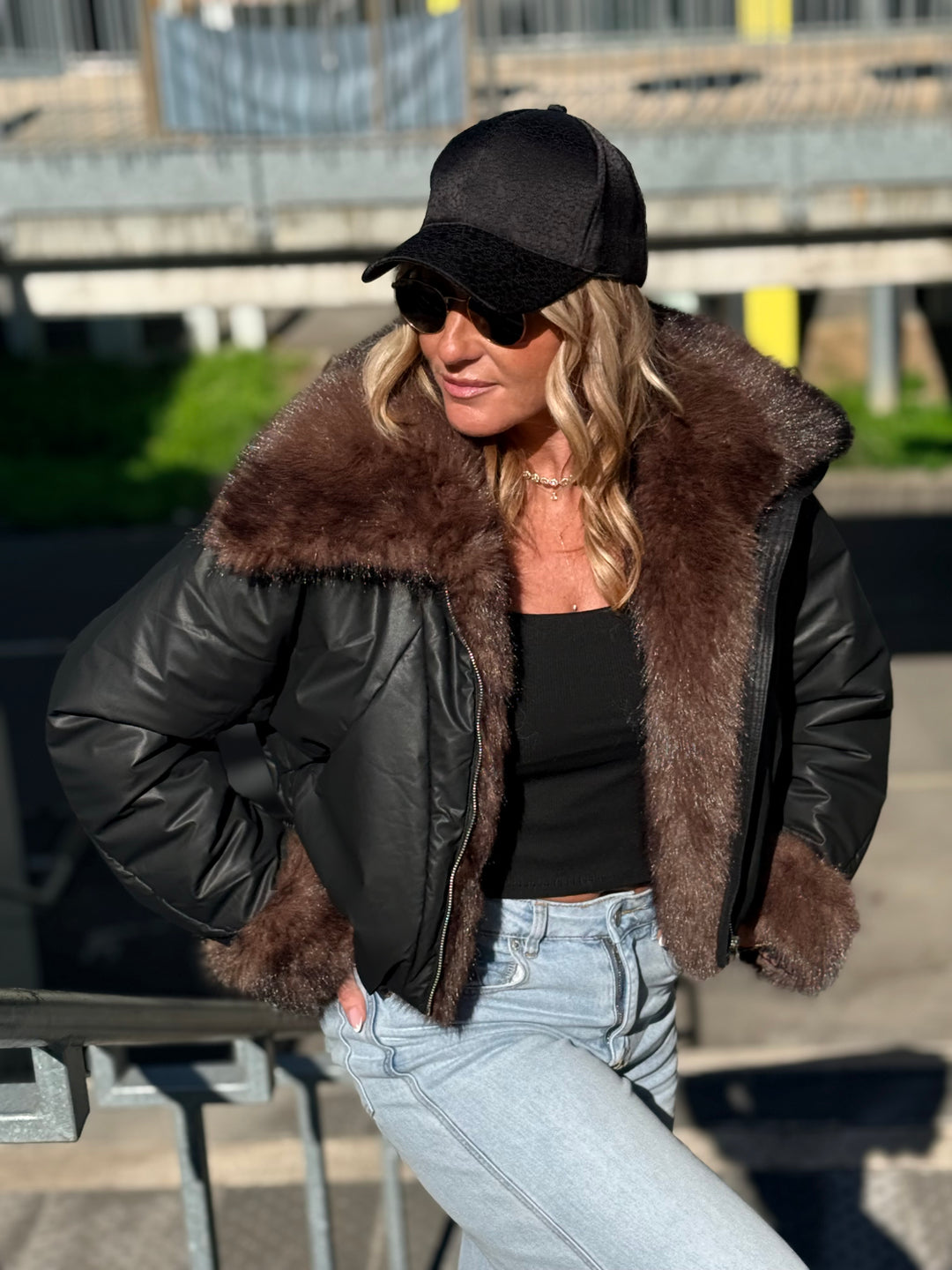 Veste doudoune Noir fourrure choco HA62005