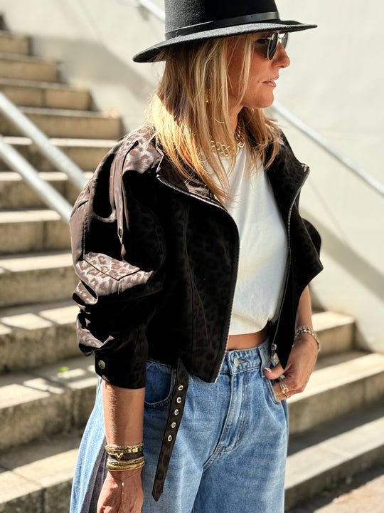 Veste similicuir léopard noir 8549