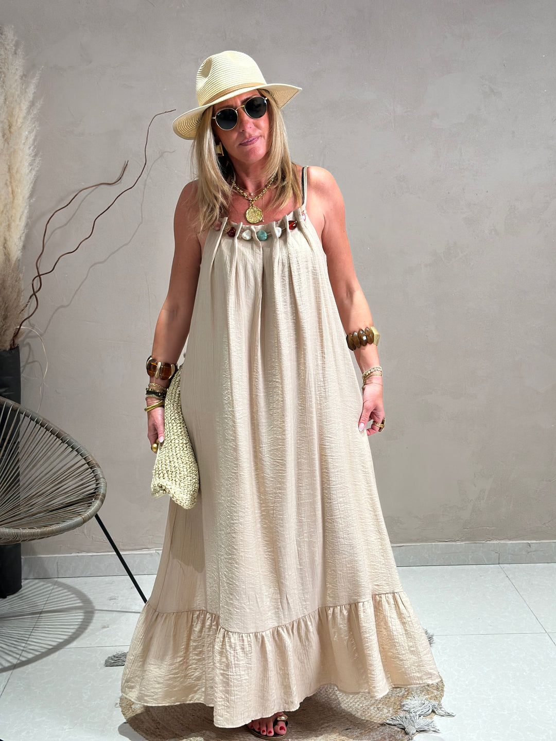 Robe longue col perles k6-08 Taupe