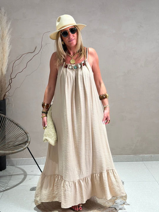 Robe longue col perles k6-08 Taupe