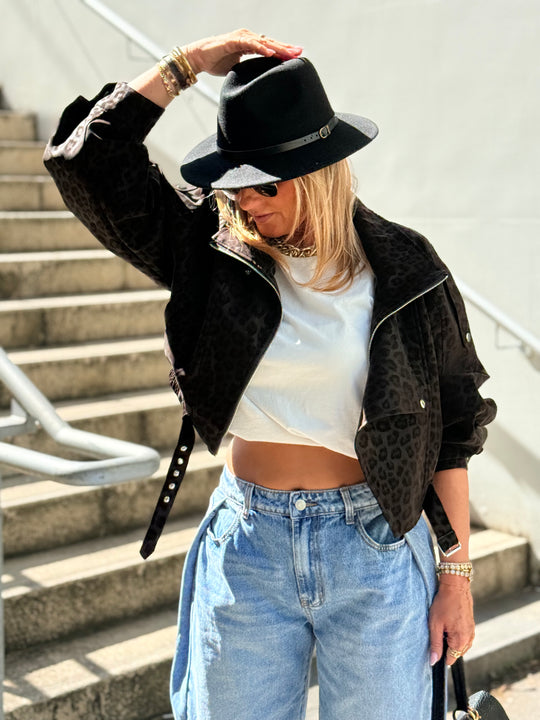 Veste similicuir léopard noir 8549