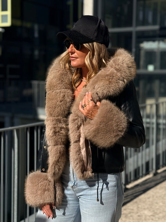 Veste similicuir Noir fourrure beige 202326